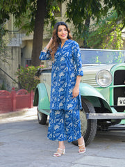 ESHANI Blue Floral Print Cotton Fabric Kurta with Pant