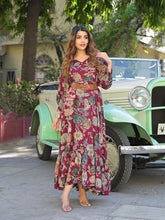 ESHANI Maroon Floral Print Rayon Fabric Flared Long Dress