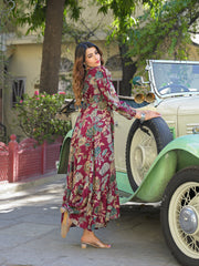 ESHANI Maroon Floral Print Rayon Fabric Flared Long Dress