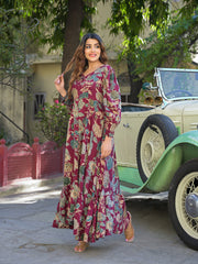 ESHANI Maroon Floral Print Rayon Fabric Flared Long Dress