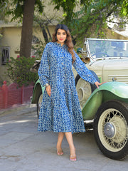 ESHANI Blue Floral Print Cotton Fabric Fit Flared Dress