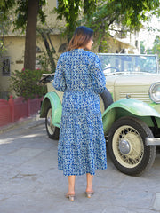 ESHANI Blue Floral Print Cotton Fabric Fit Flared Dress