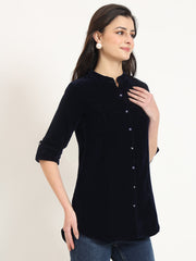 ESHANI Navy Blue Solid Print Velvet Top