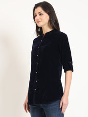 ESHANI Navy Blue Solid Print Velvet Top