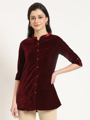 ESHANI Maroon Solid Print Velvet Straight Top