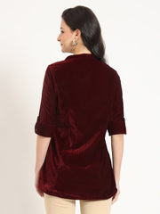 ESHANI Maroon Solid Print Velvet Straight Top
