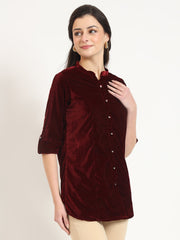 ESHANI Maroon Solid Print Velvet Straight Top