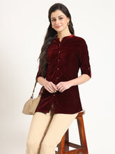 ESHANI Maroon Solid Print Velvet Straight Top