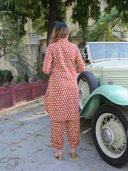 ESHANI Red Ethnic Printed Cotton Fabric Shirt Kurta With Trouser