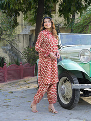 ESHANI Red Ethnic Printed Cotton Fabric Shirt Kurta With Trouser