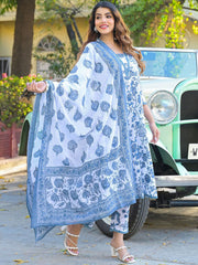 ESHANI Floral Printed Anarkali Pure Cotton Kurta with Trousers & Dupatta