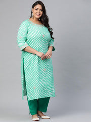 Plus Size Green Leheriya Cotton Gota Patti Straight Kurta - Eshani world