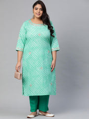 Plus Size Green Leheriya Cotton Gota Patti Straight Kurta - Eshani world