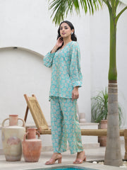 ESHANI Green Embroidered V-Neck Top With Trousers Co-Ords