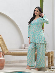 ESHANI Green Embroidered V-Neck Top With Trousers Co-Ords
