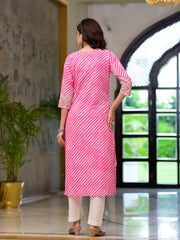 Eshani Pink Leheriya Print Embroidered Pure Cotton Straight Kurta