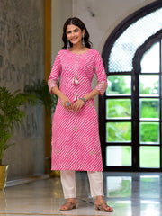 Eshani Pink Leheriya Print Embroidered Pure Cotton Straight Kurta