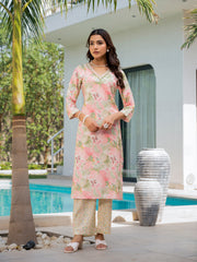 Eshani Cream Embroidered & Floral Print Muslin Kurta Set