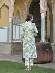 ESHANI Green Floral Print Pure Cotton Straight Kurta with Trouser