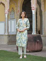 ESHANI Green Floral Print Pure Cotton Straight Kurta with Trouser