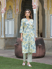 ESHANI Green Floral Print Pure Cotton Straight Kurta with Trouser