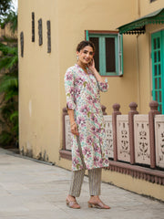 ESHANI Lavender Floral Print Pure Cotton Straight Kurta with Trouser
