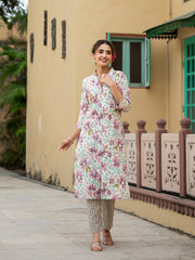 ESHANI Lavender Floral Print Pure Cotton Straight Kurta with Trouser