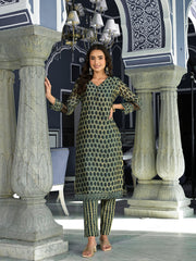 Eshani Green Ethnic Printed Chanderi Silk Kurta Trouser with Dupatta Set