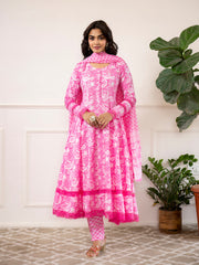 Eshani Pink Floral Print Cotton Anarkali Kurta Trouser with Dupatta Set