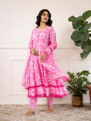 Eshani Pink Floral Print Cotton Anarkali Kurta Trouser with Dupatta Set