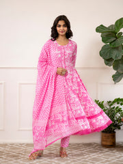 Eshani Pink Floral Print Cotton Anarkali Kurta Trouser with Dupatta Set