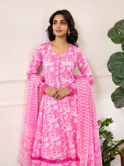 Eshani Pink Floral Print Cotton Anarkali Kurta Trouser with Dupatta Set