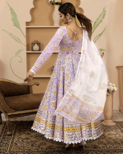 Eshani Handblock Printed Lavender Anarkali Cotton Kurta With Trousers & Dupatta