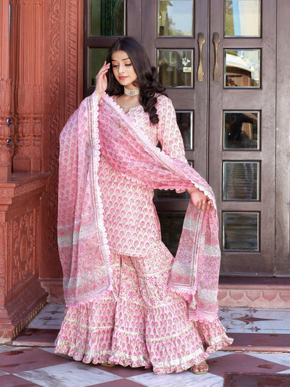 Eshani Pink Floral Hand Block Printed Kurta Sharara Set with Dupatta - Eshani world