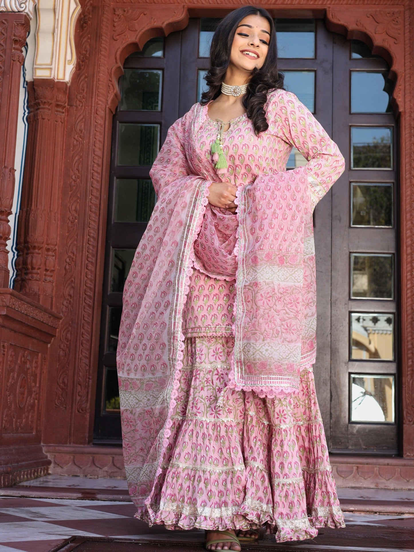 Eshani Pink Floral Hand Block Printed Kurta Sharara Set with Dupatta - Eshani world