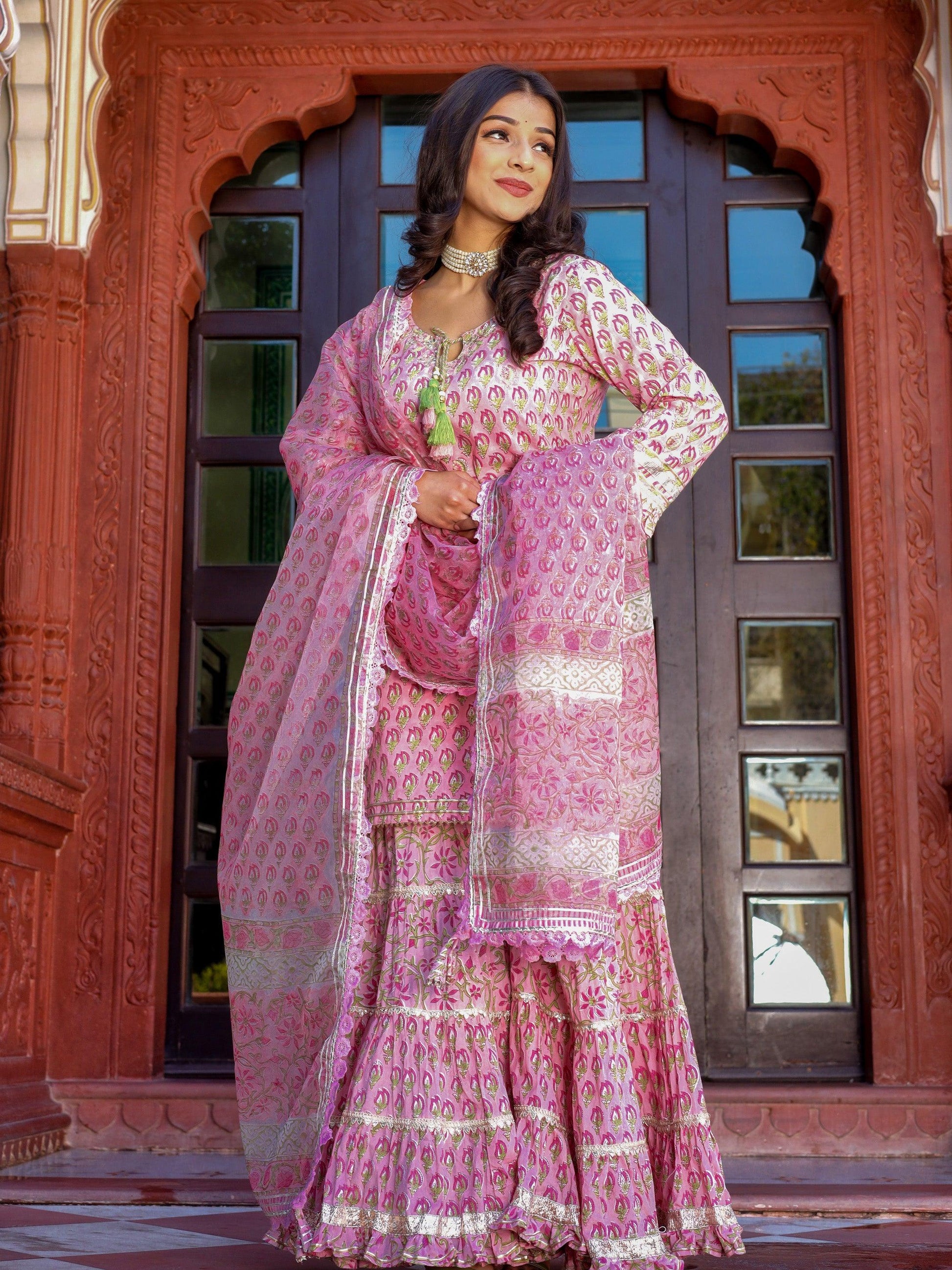 Eshani Pink Floral Hand Block Printed Kurta Sharara Set with Dupatta - Eshani world