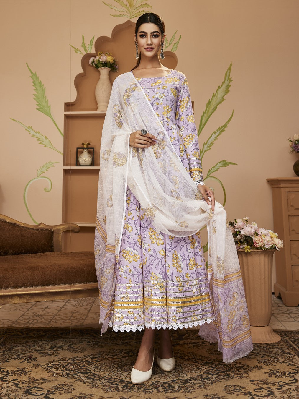 Eshani Handblock Printed Lavender Anarkali Cotton Kurta With Trousers & Dupatta