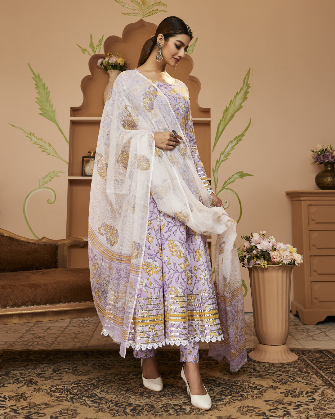 Eshani Handblock Printed Lavender Anarkali Cotton Kurta With Trousers & Dupatta