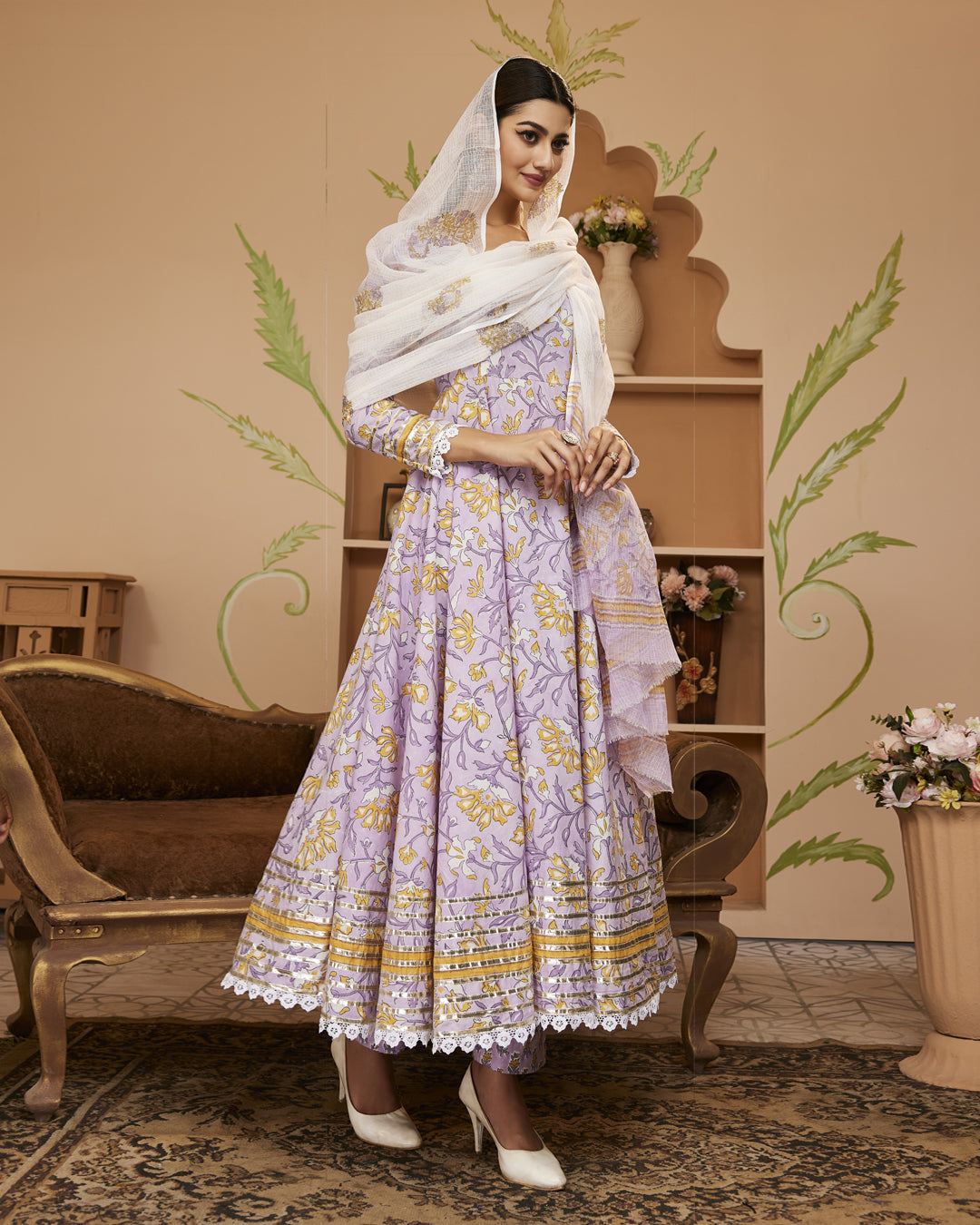 Eshani Handblock Printed Lavender Anarkali Cotton Kurta With Trousers & Dupatta