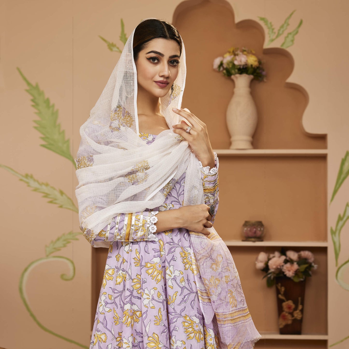 Eshani Handblock Printed Lavender Anarkali Cotton Kurta With Trousers & Dupatta