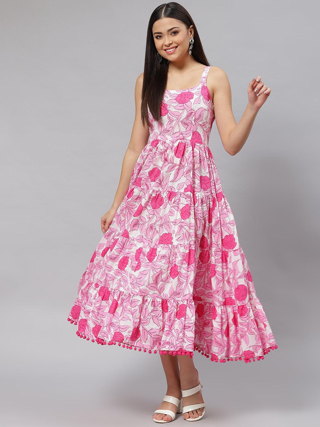 Eshani white & Pink Floral Shoulder Strip Long Dress - Eshani world