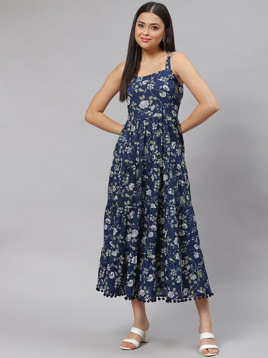 Eshani Blue Floral Shoulder Strip Long Dress - Eshani world