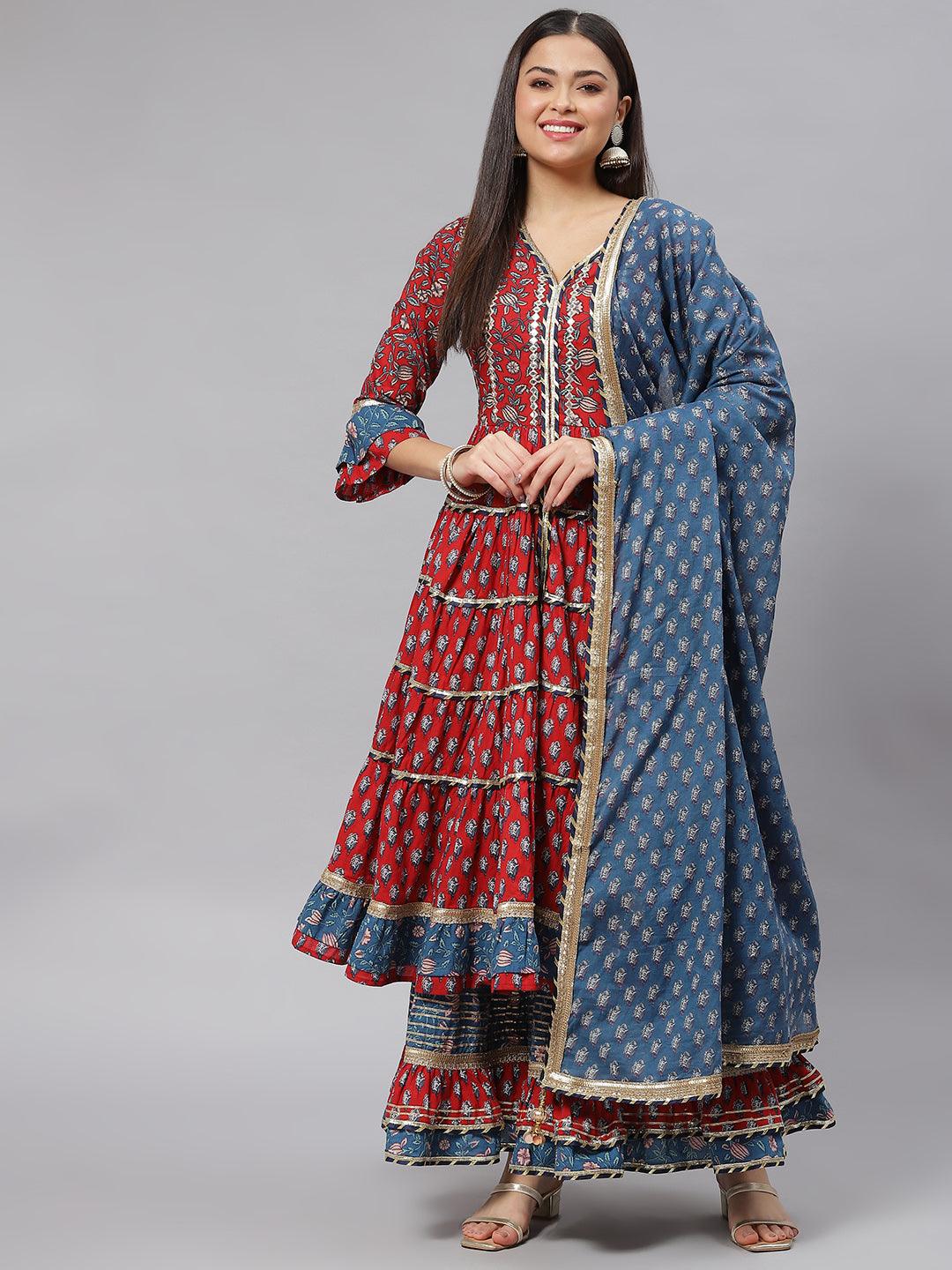 Eshani Maroon & Blue Anarkali Kurta Sharara Set with Dupatta - Eshani world