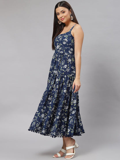 Eshani Blue Floral Shoulder Strip Long Dress - Eshani world