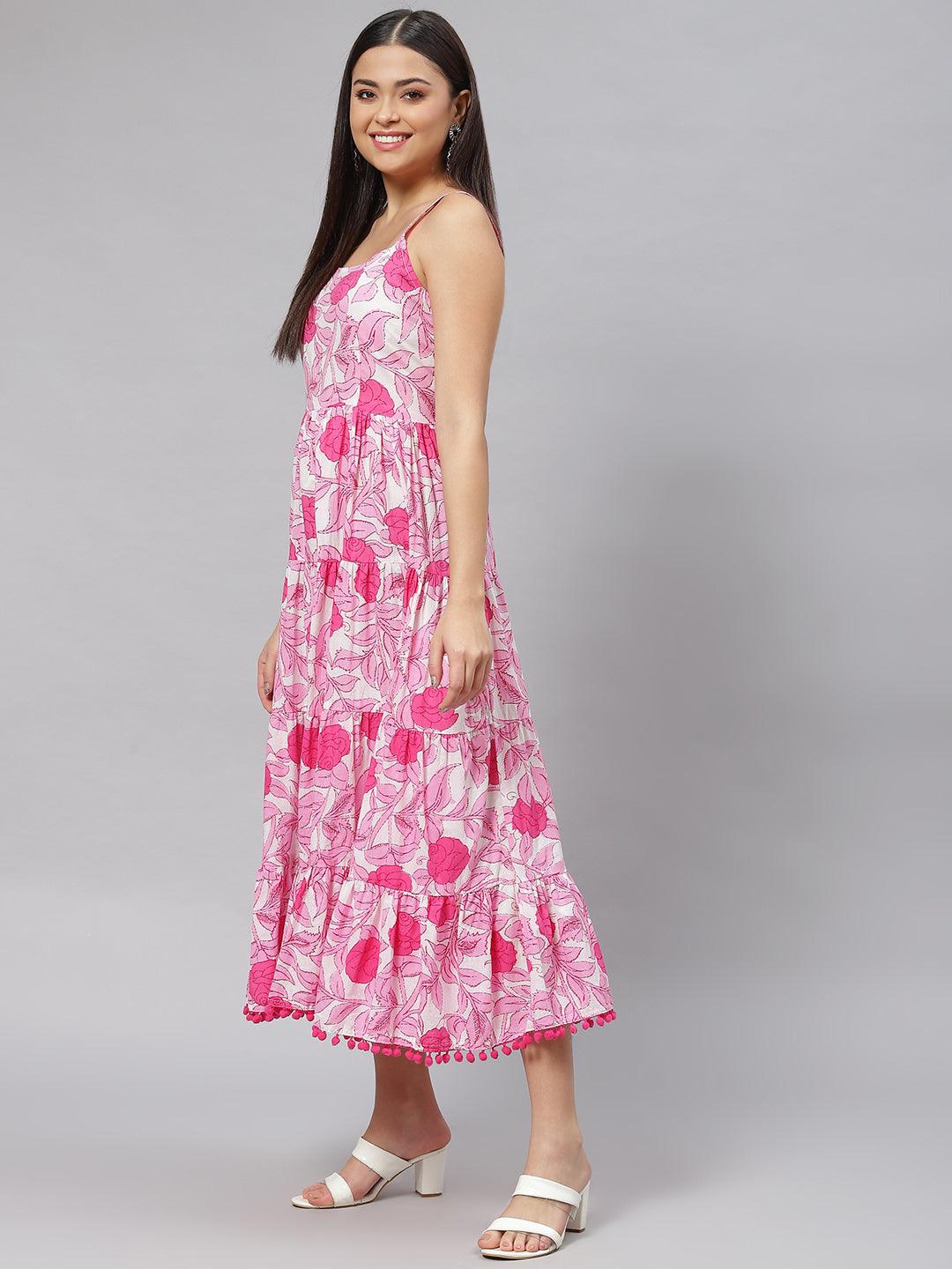 Eshani white & Pink Floral Shoulder Strip Long Dress - Eshani world