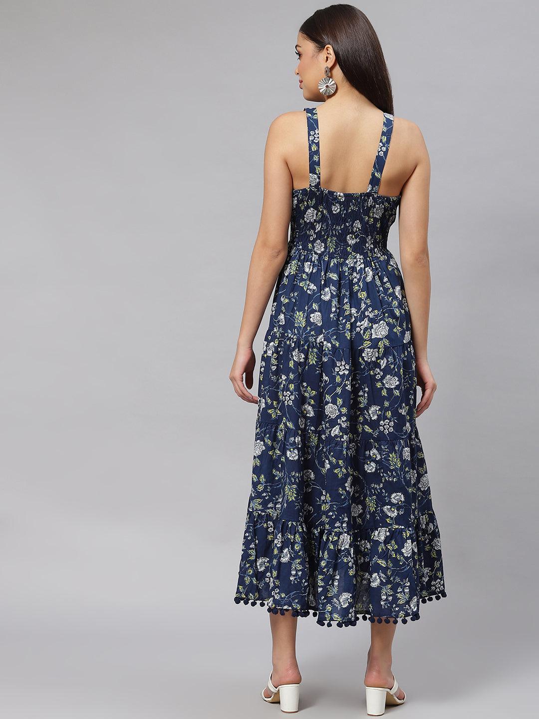 Eshani Blue Floral Shoulder Strip Long Dress - Eshani world