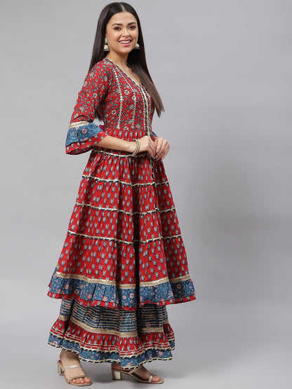 Eshani Maroon & Blue Anarkali Kurta Sharara Set with Dupatta - Eshani world