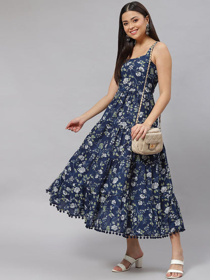 Eshani Blue Floral Shoulder Strip Long Dress - Eshani world