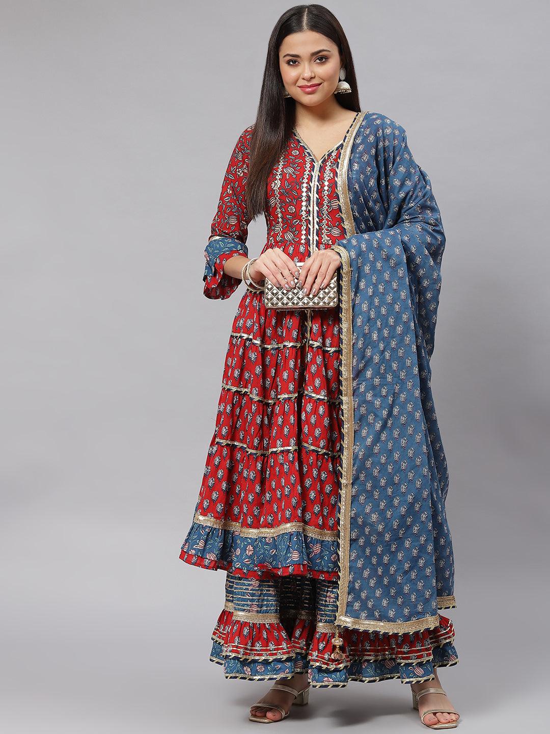 Eshani Maroon & Blue Anarkali Kurta Sharara Set with Dupatta - Eshani world