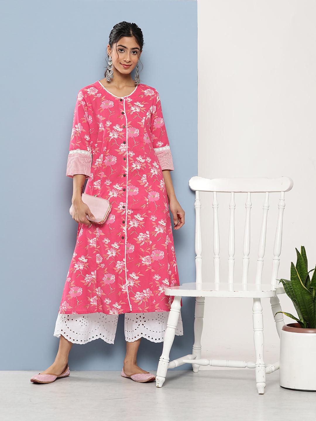 Eshani Pink Floral cotton flex A-Line Kurta - Eshani world